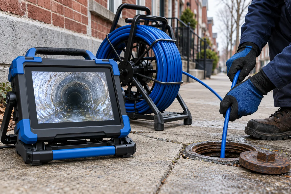 Illustration of sewer camera inspection equipment beside a Philadelphia-style brick home